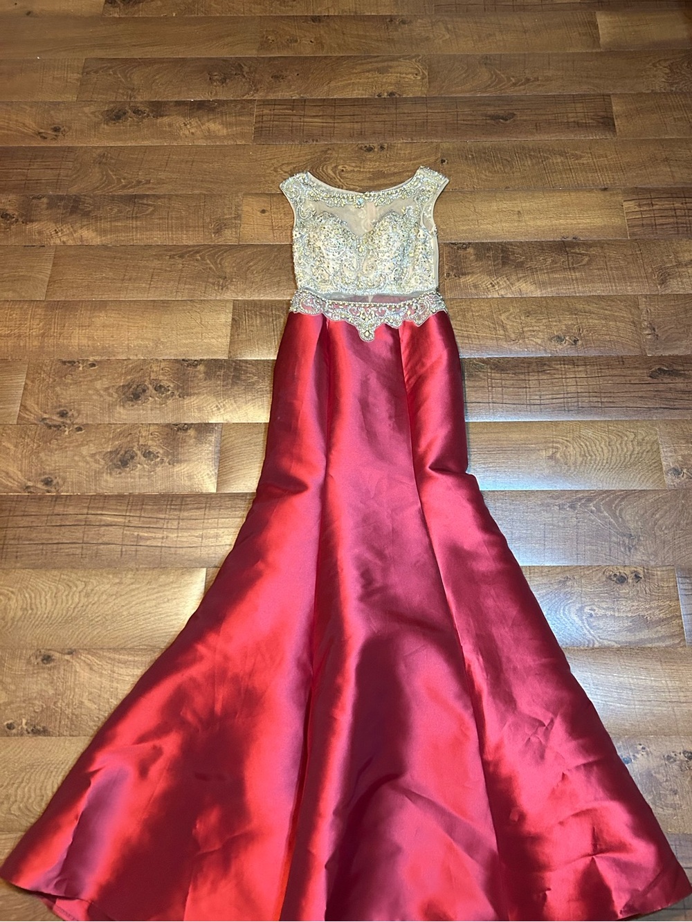Red Satin Mermaid Gown with Beaded Ivory Bodice